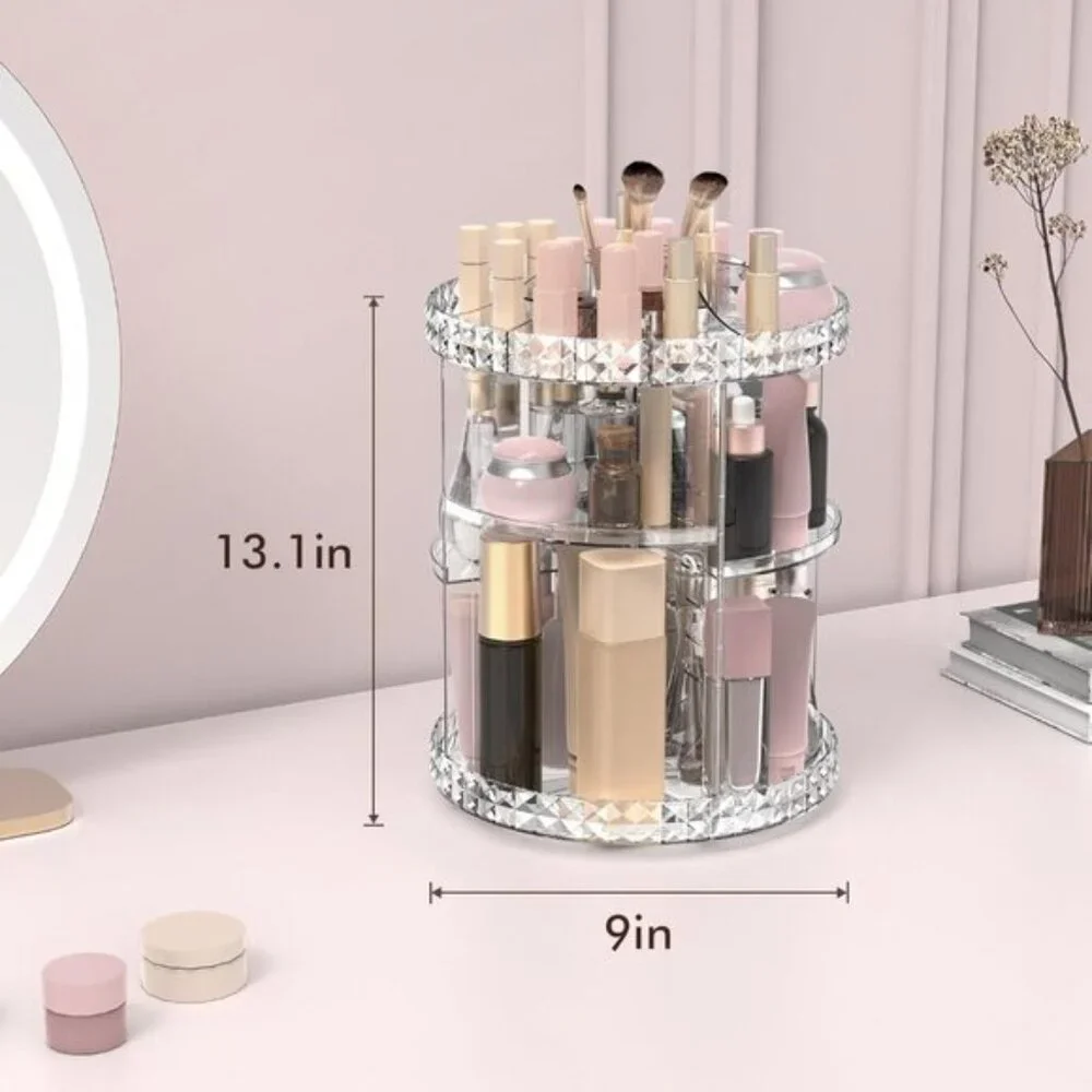 New 360° Rotating Makeup Organizer, Adjustable Clear Cosmetic Storage for Room